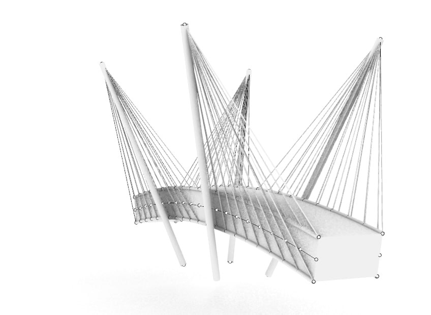 Untextured white model of the splayed masts and cable stays