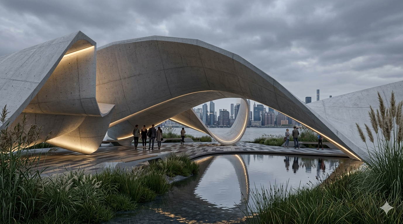Rendered shell canopy over a reflecting pool at golden hour