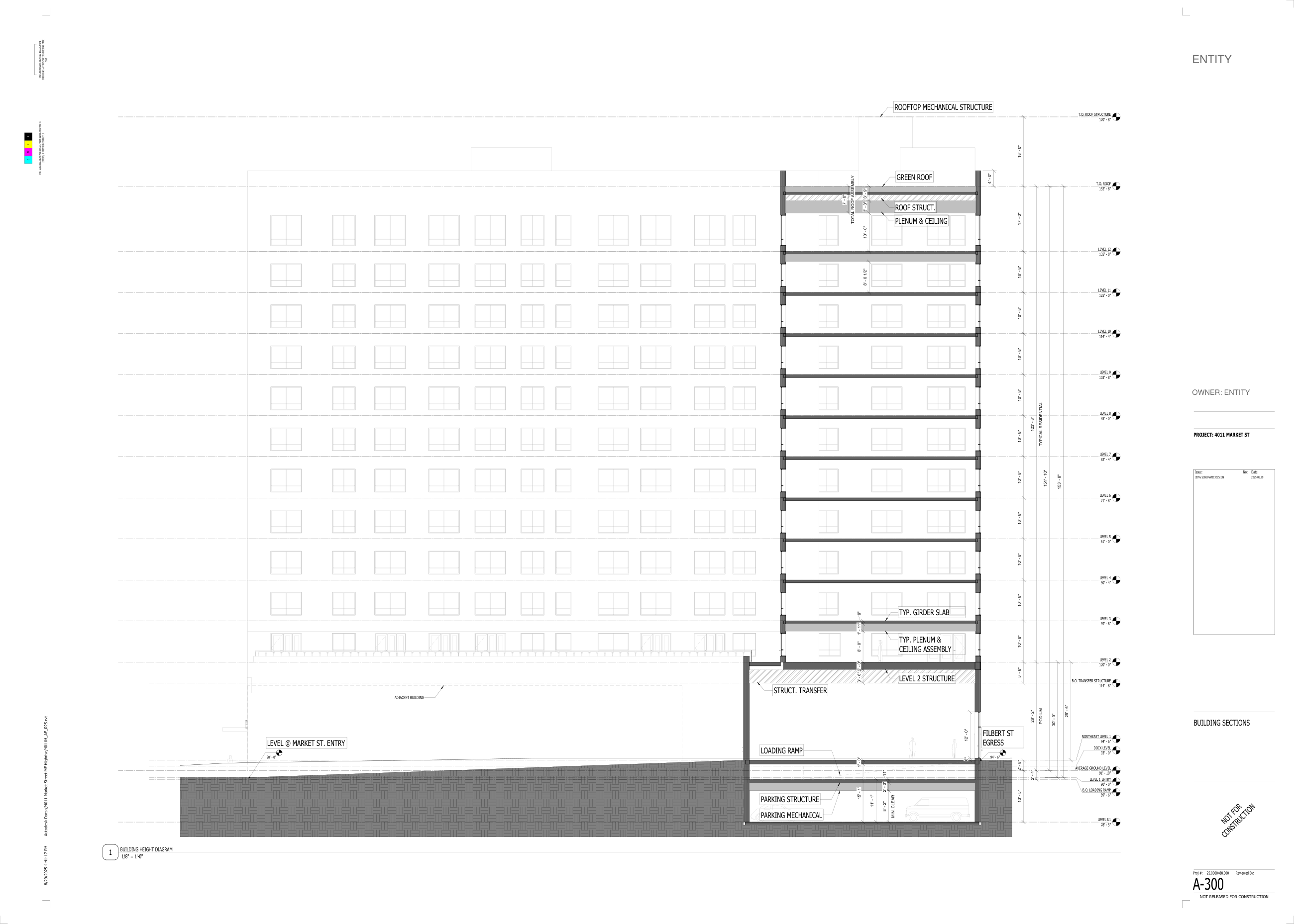 Building section cut through the residential floors, podium and parking