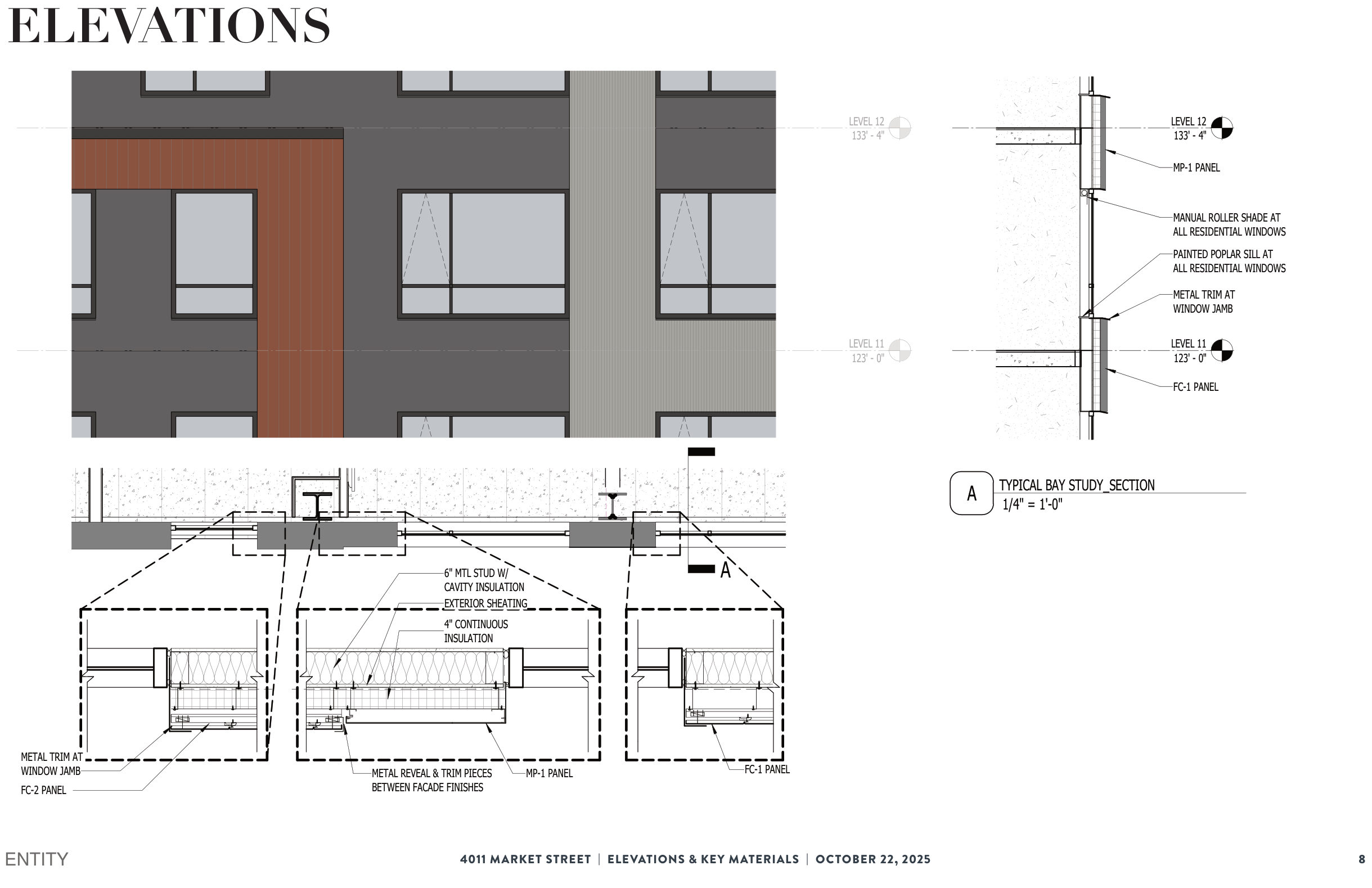 Enlarged bay elevation paired with a typical wall section through the envelope