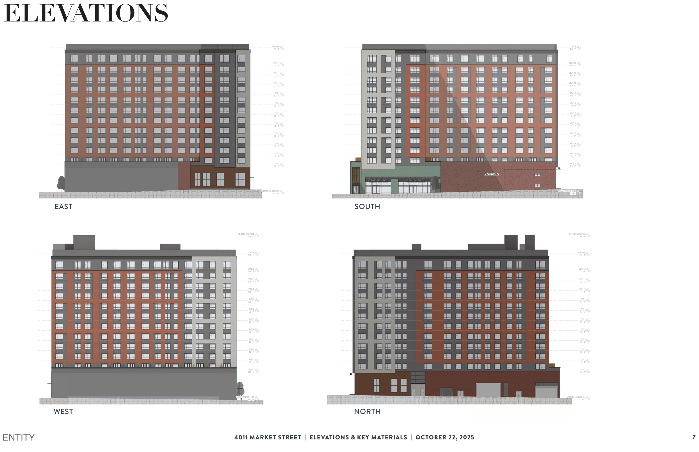 Four coloured building elevations with level markers from grade to the top of roof