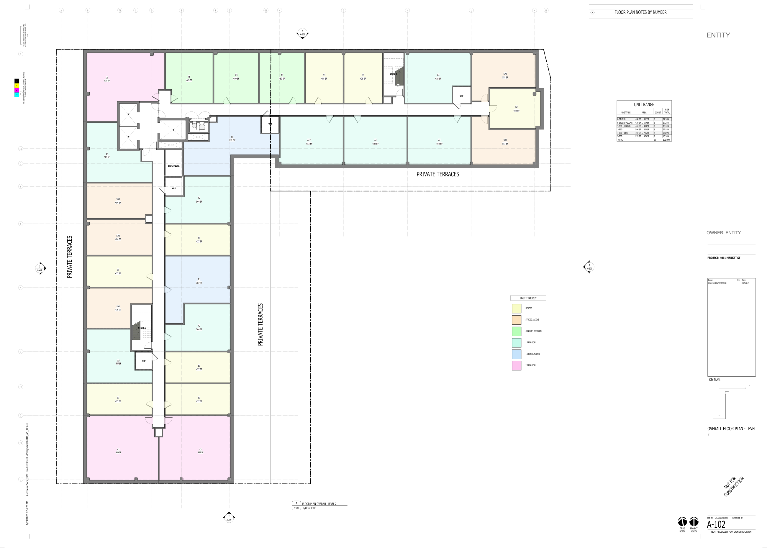 Typical residential floor plan with colour-coded unit types and private terraces