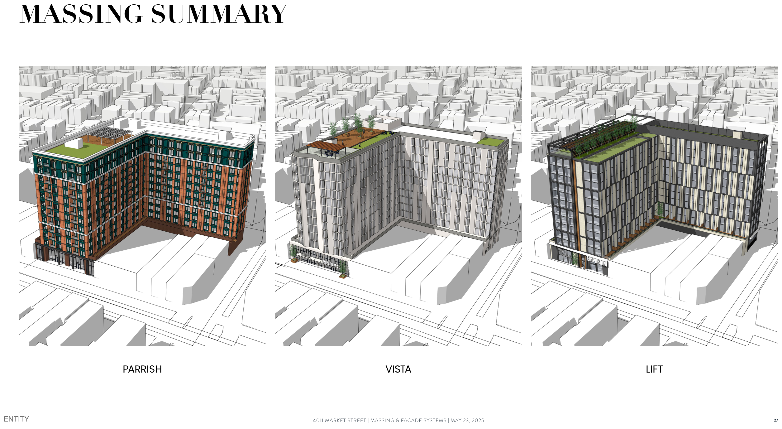 Three massing schemes named Parrish, Vista and Lift shown side by side in the same white city context