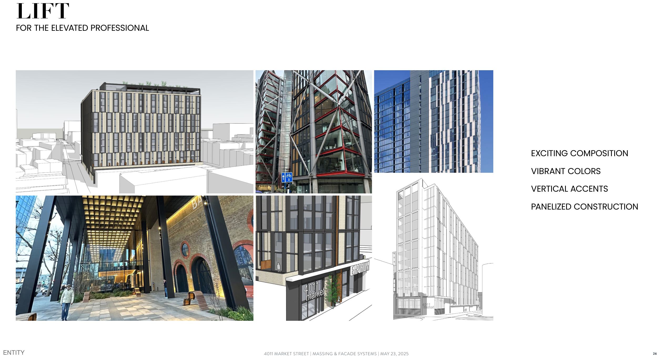 The Lift scheme with a dark exterior frame and vertical colour accents