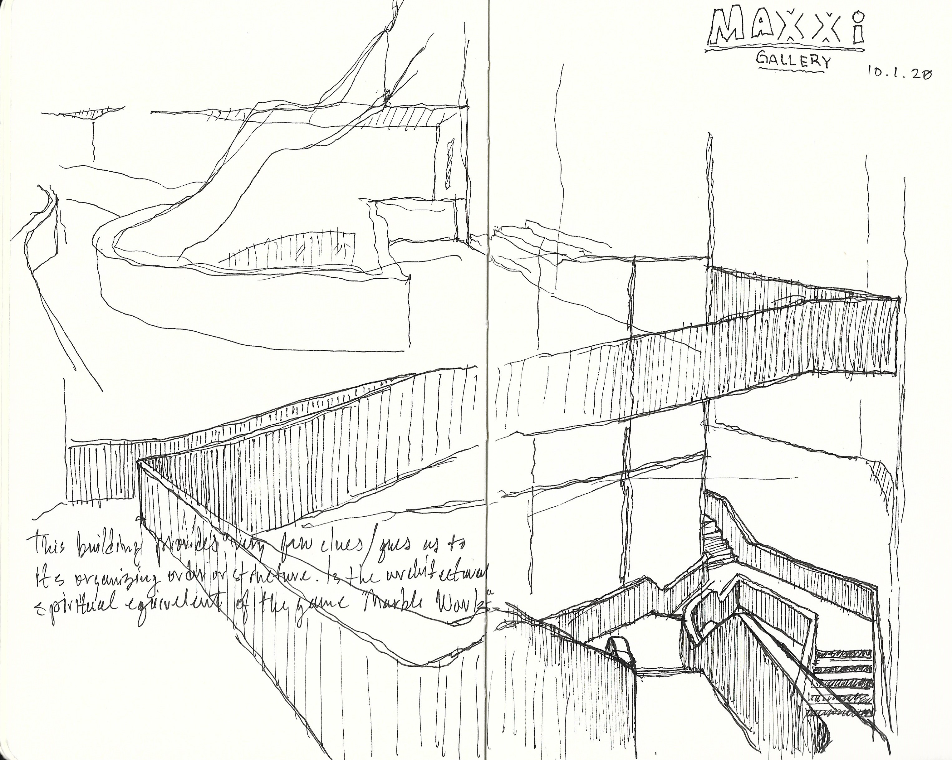 MAXXI Gallery interior sketch with handwritten critical annotation, Rome, January 2020